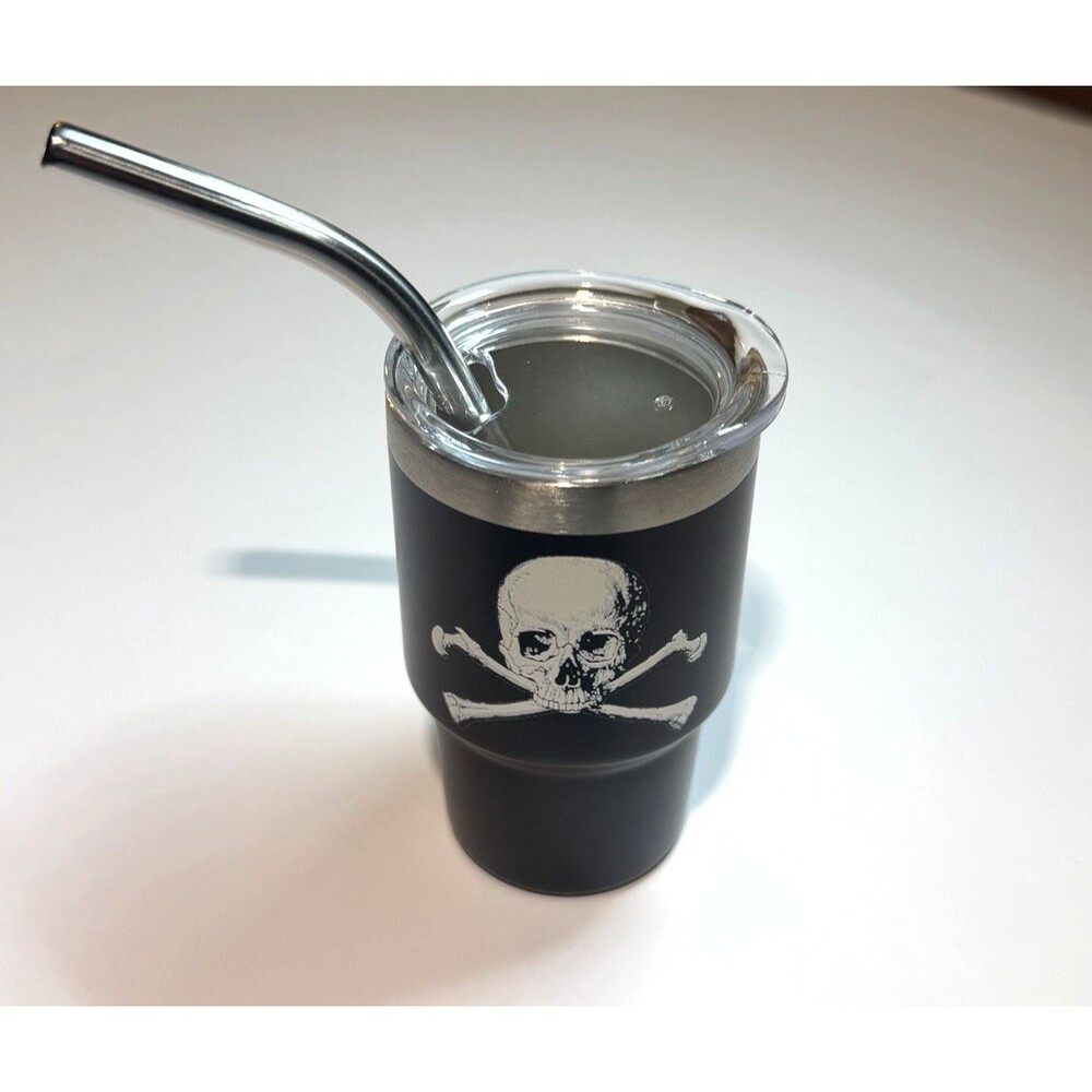 Spencers Skull Stainless Steel Mini Tumbler Shot Glass 3OZ Cup W/ Straw NIB